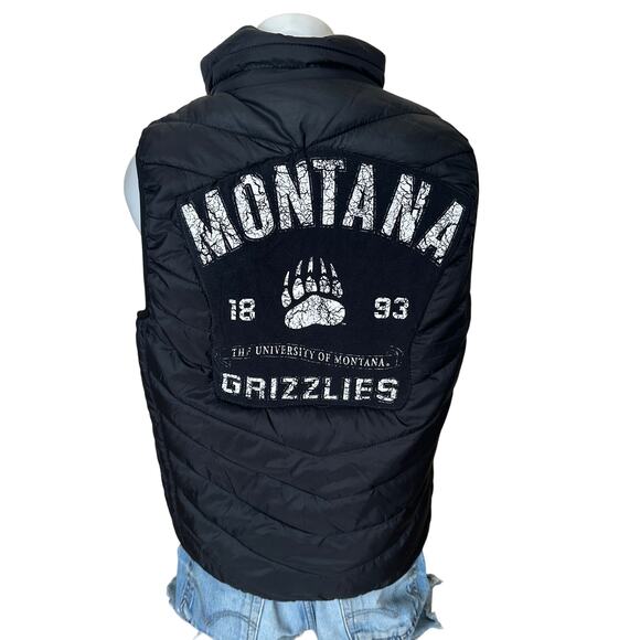 University Montana Griz Puffer Vest Black LARGE Pockets Football Unique Quilted - Picture 1 of 8